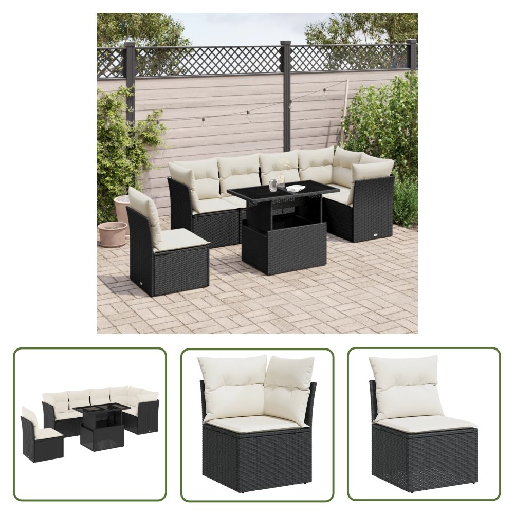 The Living Store 7-cz. zestaw wypoczynkowy do ogrodu - z poduszkami - czarny - Sofa Ogrodowa