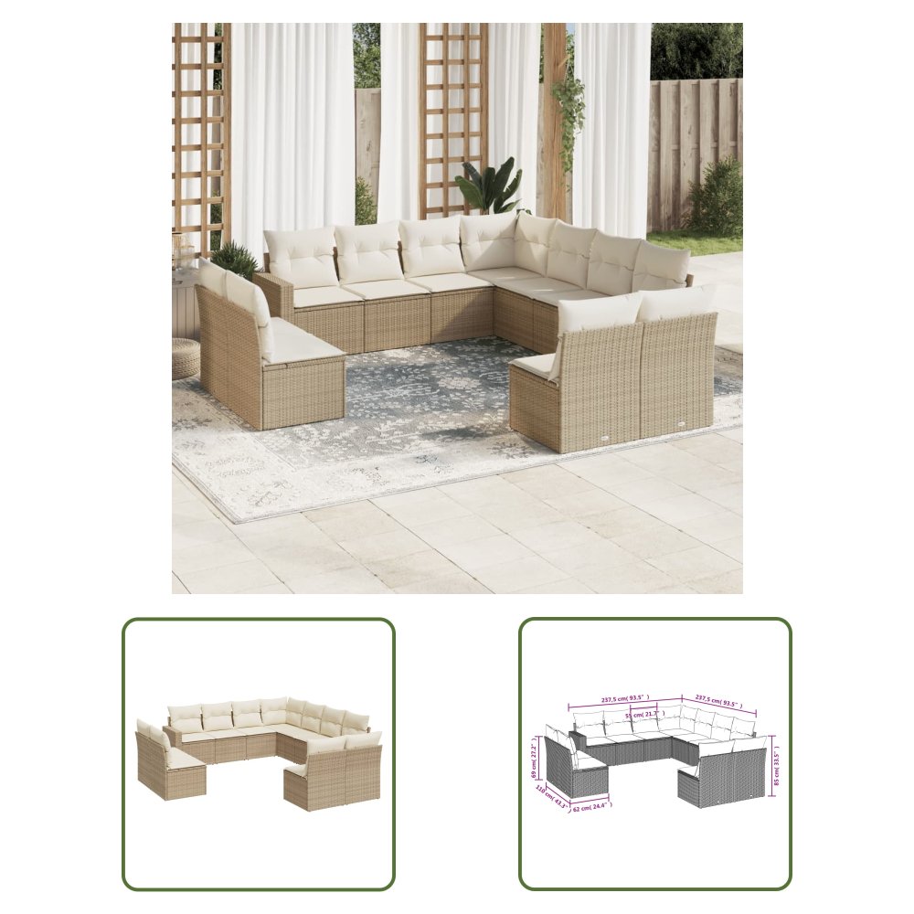 The Living Store 11-cz. zestaw mebli ogrodowych z poduszkami - beżowy - polirattan - Sofa Ogrodowa