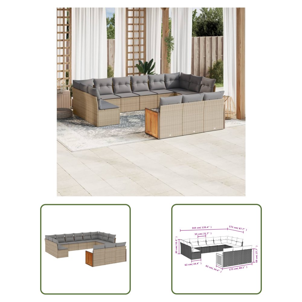 The Living Store 13-cz. zestaw mebli ogrodowych z poduszkami - beżowy - polirattan - Sofa Ogrodowa