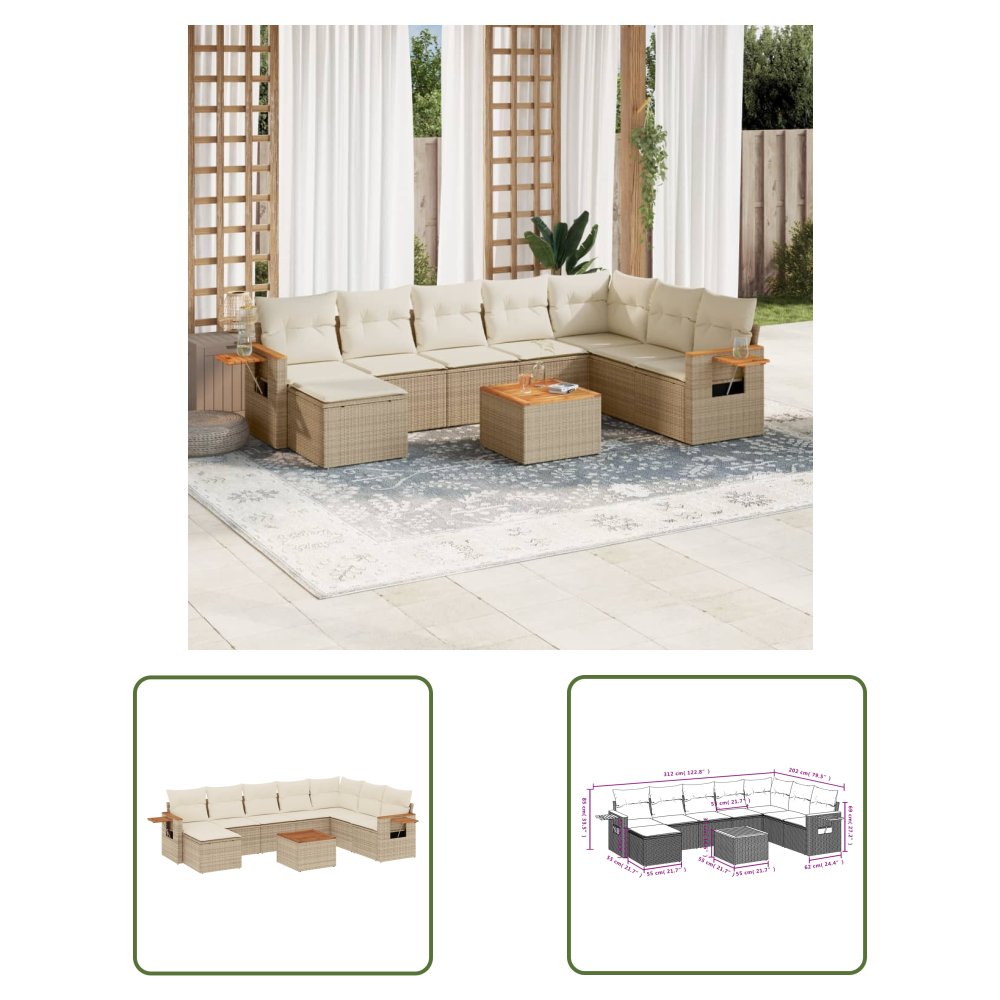 The Living Store 9-cz. zestaw mebli ogrodowych z poduszkami - beżowy - polirattan - Sofa Ogrodowa