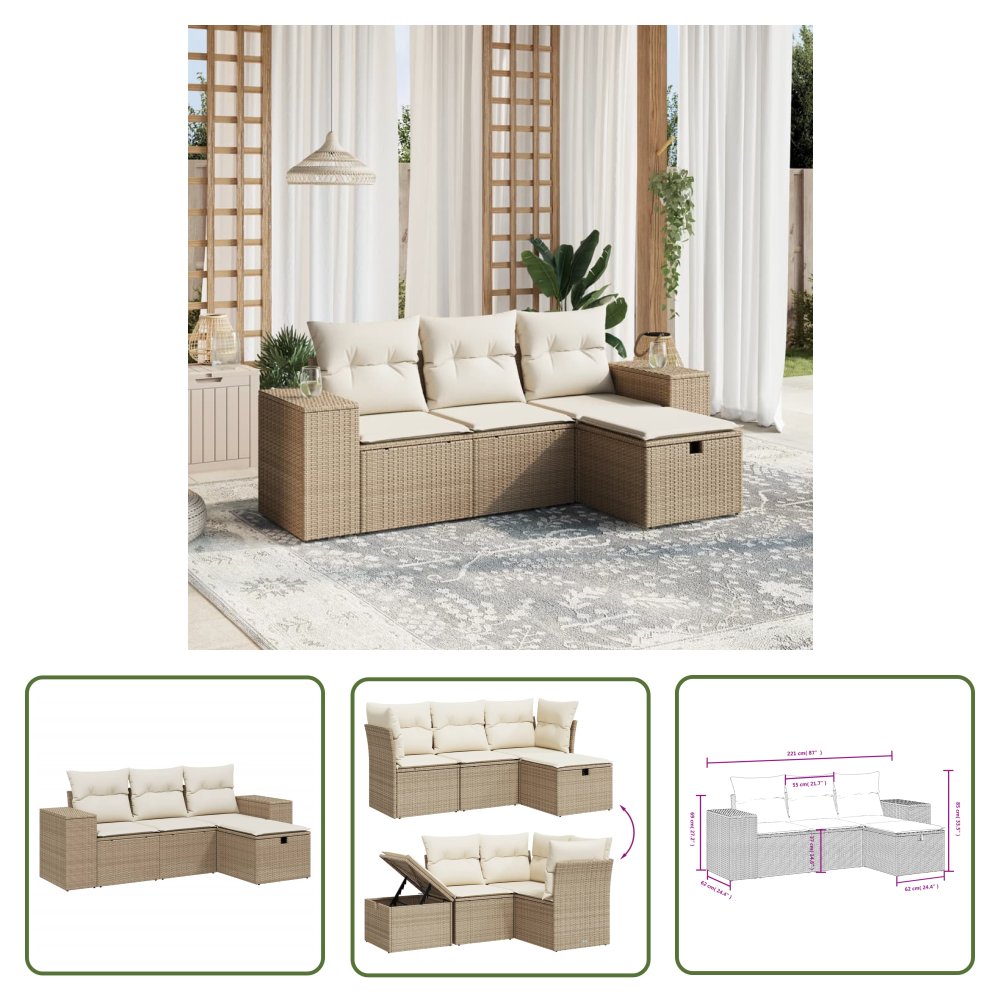 The Living Store 4-cz. zestaw mebli ogrodowych z poduszkami - beżowy - polirattan - Sofa Ogrodowa