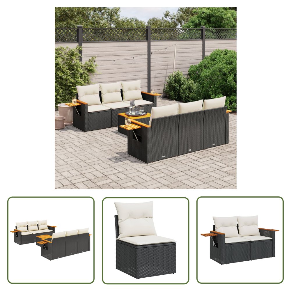 The Living Store 7-cz. zestaw wypoczynkowy do ogrodu - z poduszkami - czarny - Sofa Ogrodowa