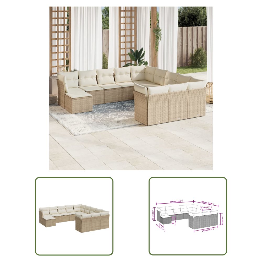 The Living Store 12-cz. zestaw mebli ogrodowych z poduszkami - beżowy - polirattan - Sofa Ogrodowa