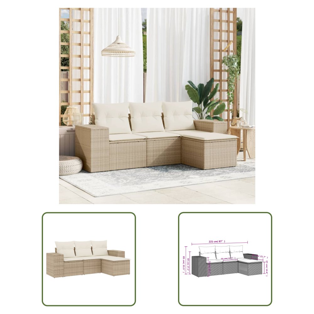 The Living Store 4-cz. zestaw mebli ogrodowych z poduszkami - beżowy - polirattan - Sofa Ogrodowa