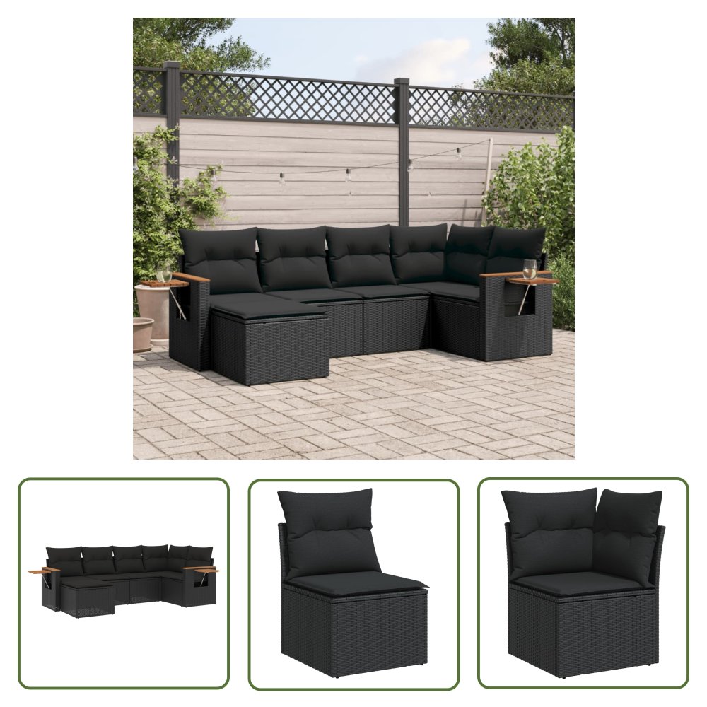 The Living Store 6-cz. zestaw mebli ogrodowych z poduszkami - czarny polirattan - Sofa Ogrodowa