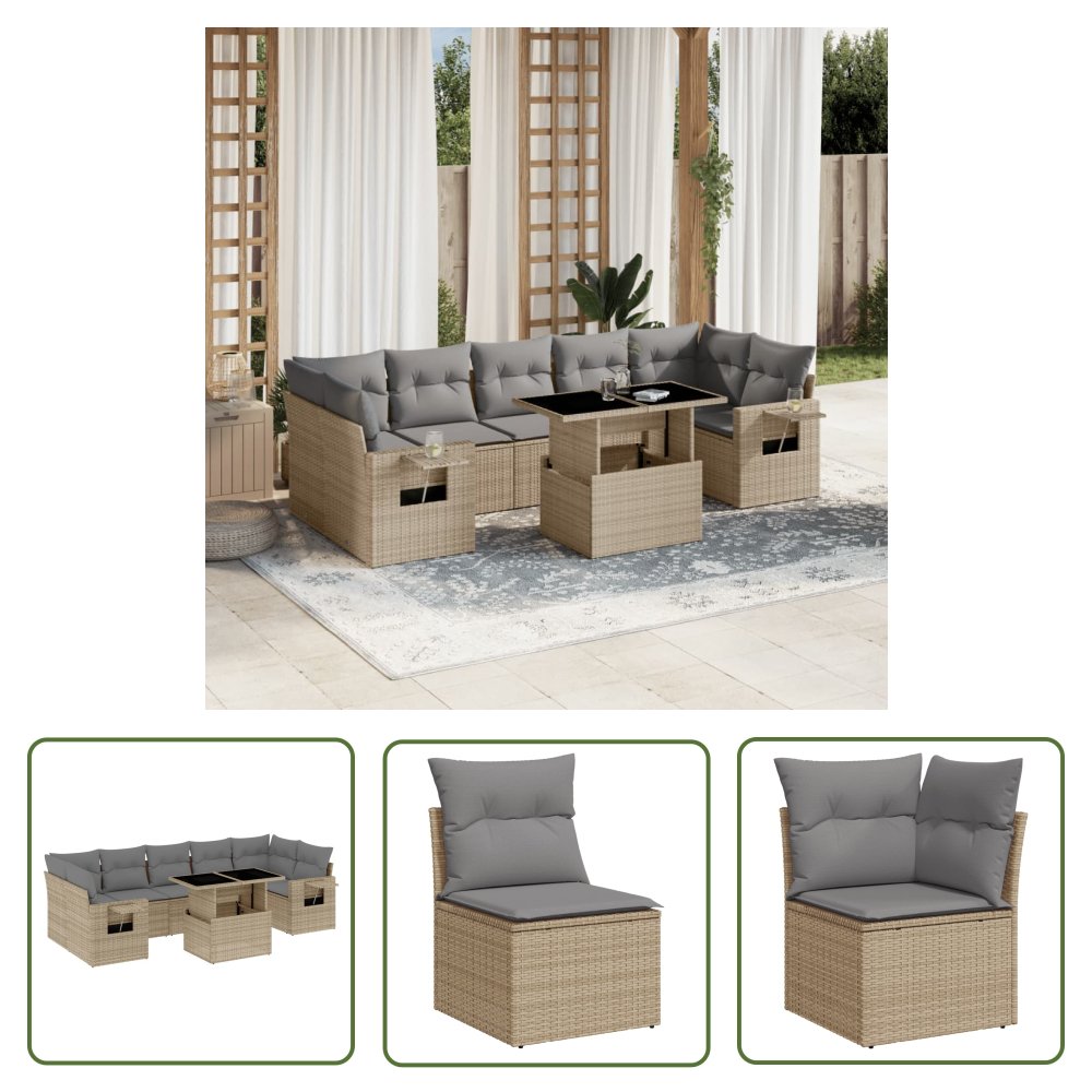 The Living Store 8-cz. zestaw mebli ogrodowych z poduszkami - beżowy - polirattan - Sofa Ogrodowa