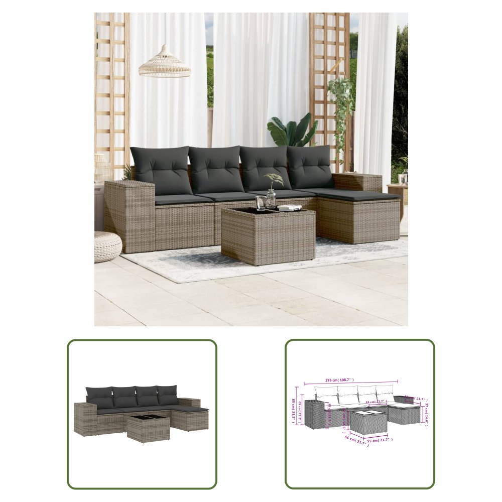 The Living Store 6-cz. zestaw mebli ogrodowych z poduszkami - szary - polirattan - Sofa Ogrodowa