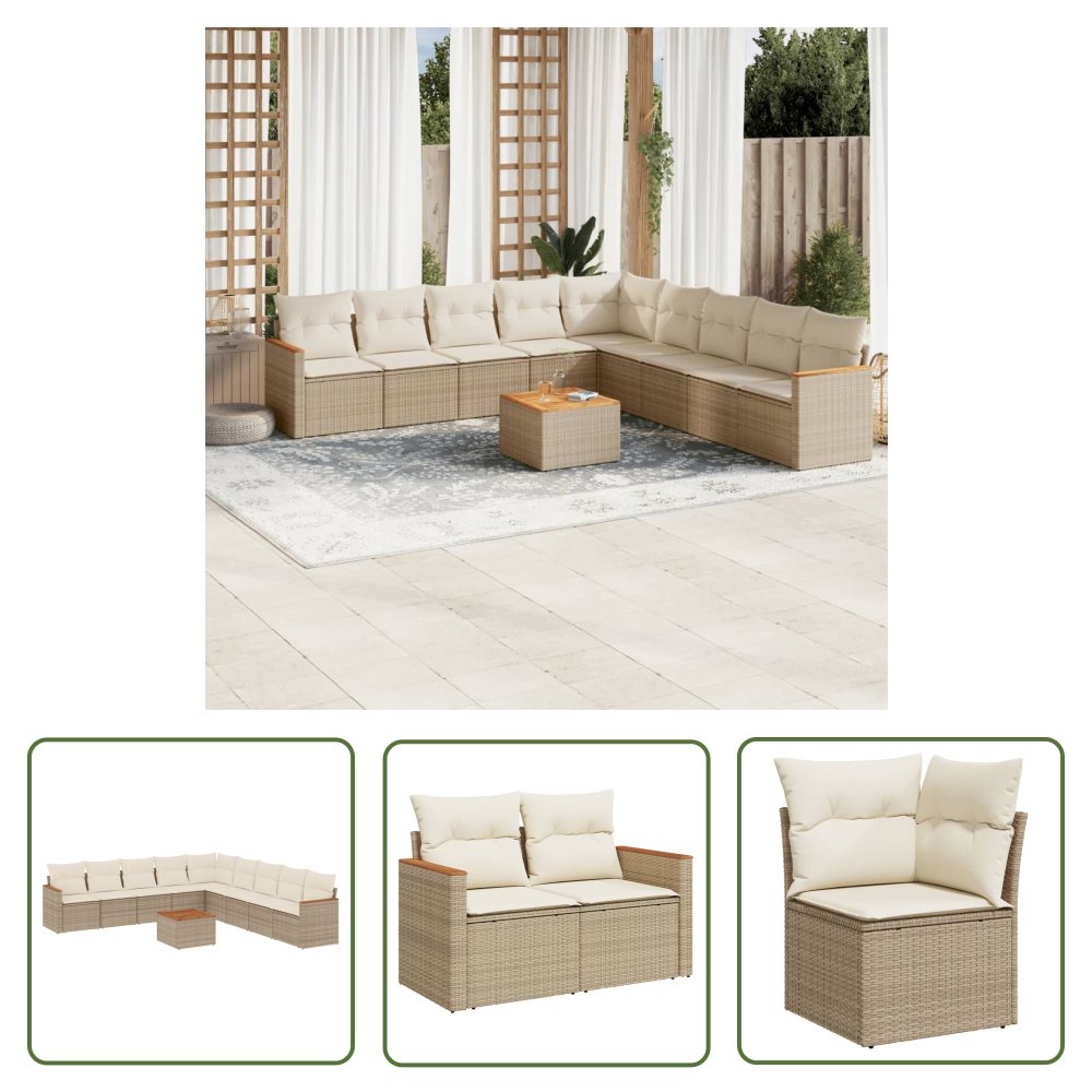 The Living Store 10-cz. zestaw mebli ogrodowych z poduszkami - beżowy - polirattan - Sofa Ogrodowa