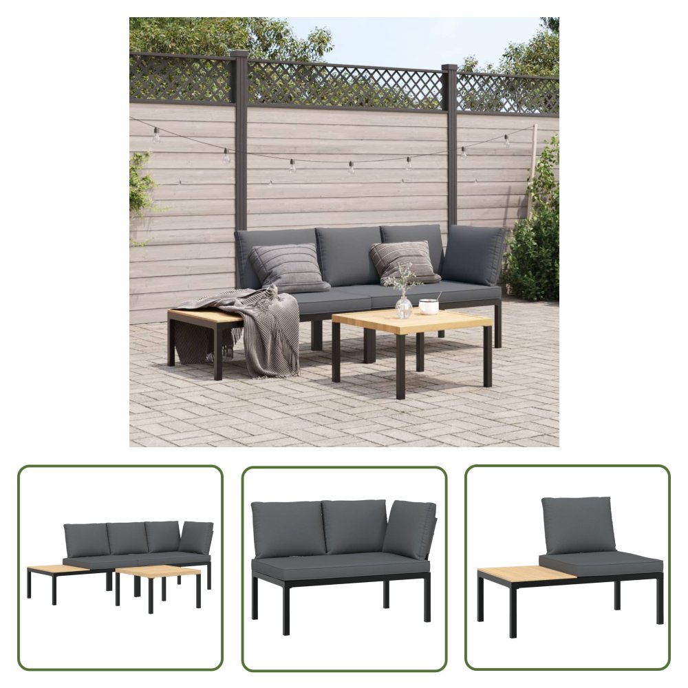 The Living Store 3-cz. zestaw mebli do ogrodu - z poduszkami - czarne aluminium - Zestaw Wypoczynkowy Do Ogrodu