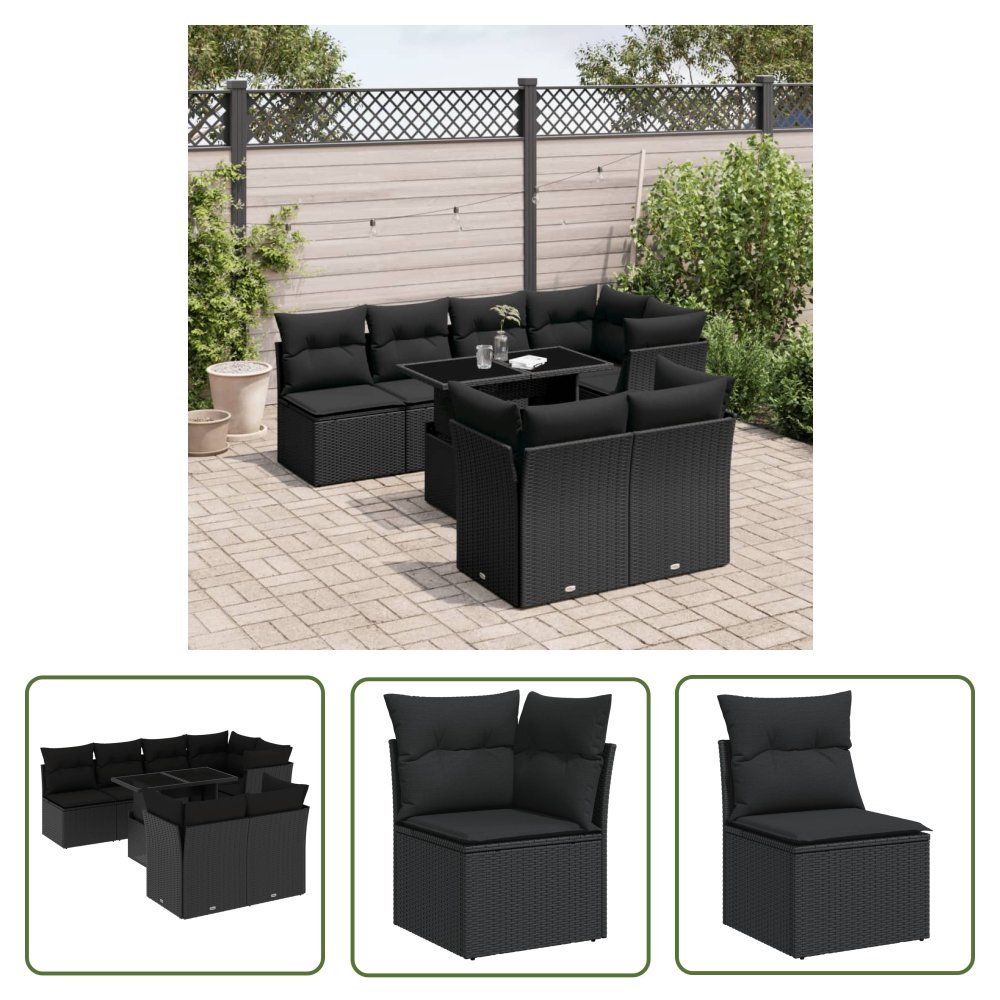 The Living Store 8-cz. zestaw wypoczynkowy do ogrodu - z poduszkami - czarny - Sofa Ogrodowa