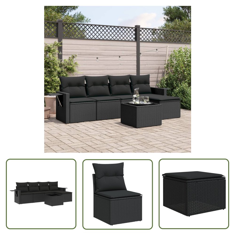 The Living Store 6-cz. zestaw mebli ogrodowych z poduszkami - czarny polirattan - Sofa Ogrodowa