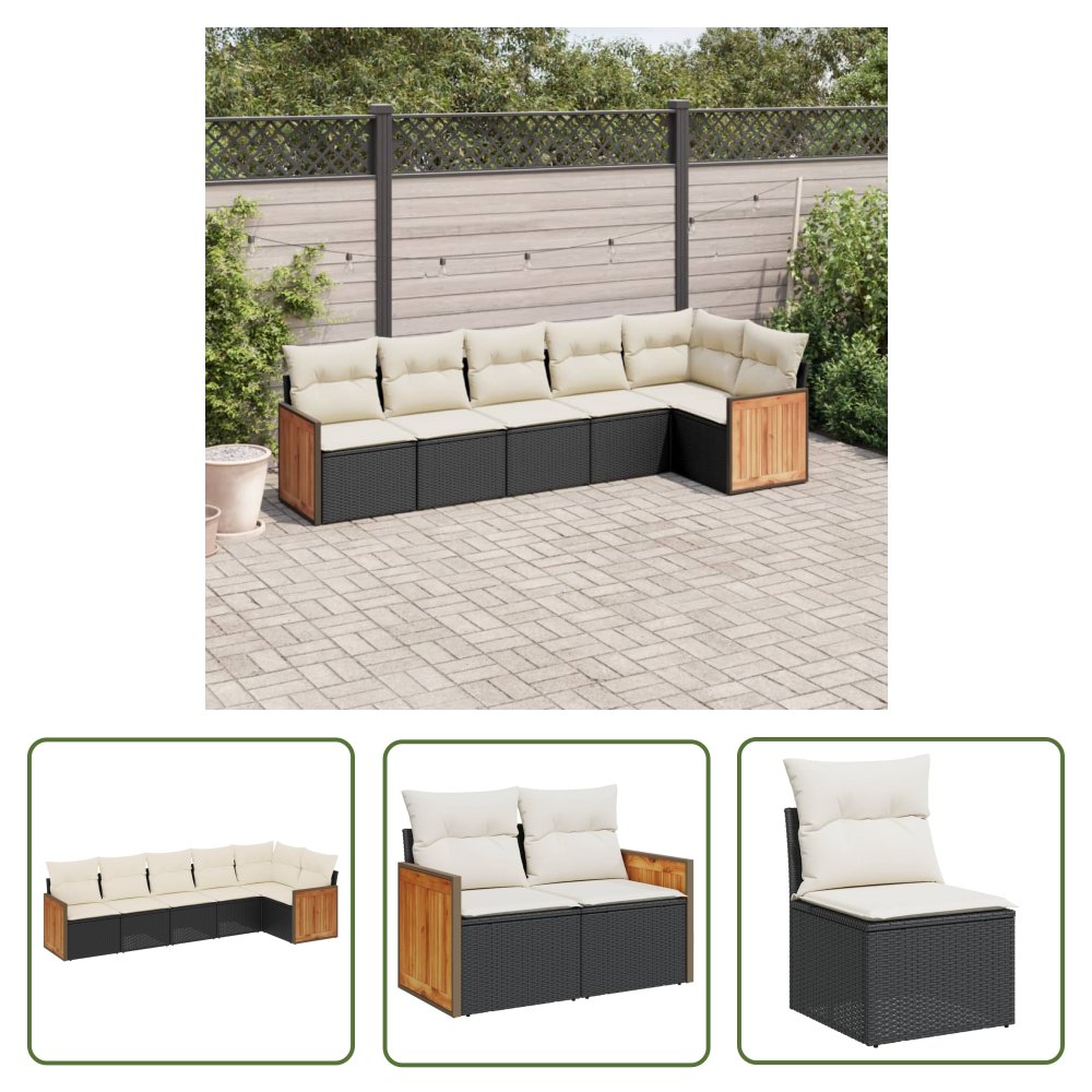 The Living Store 6-cz. zestaw mebli ogrodowych z poduszkami - czarny polirattan - Sofa Ogrodowa