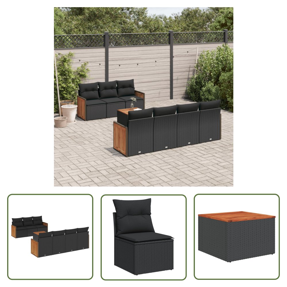The Living Store 8-cz. zestaw wypoczynkowy do ogrodu - z poduszkami - czarny - Sofa Ogrodowa