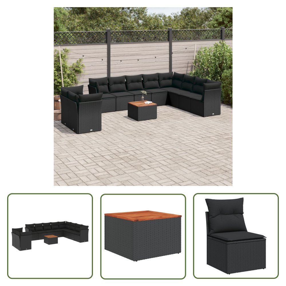 The Living Store 11-cz. zestaw wypoczynkowy do ogrodu - poduszki czarny rattan PE - Sofa Ogrodowa