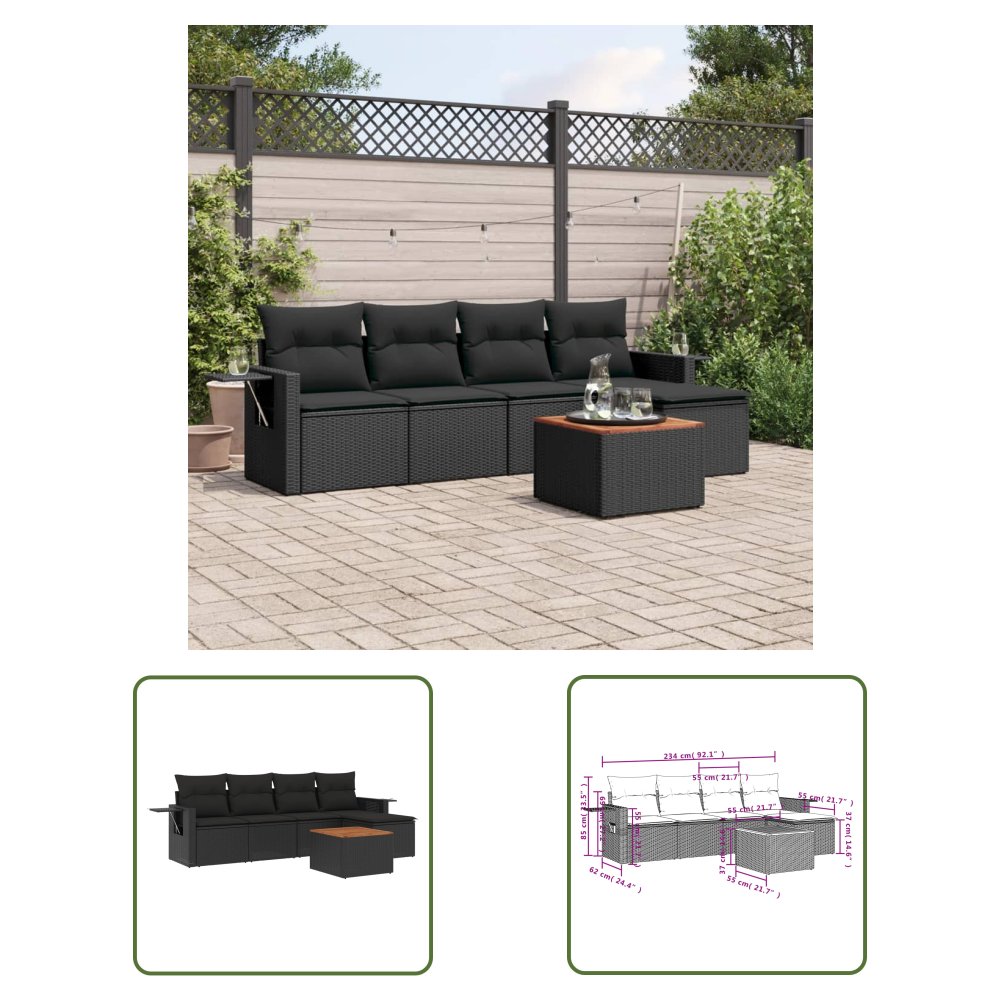 The Living Store 6-cz. zestaw mebli ogrodowych z poduszkami - czarny polirattan - Sofa Ogrodowa