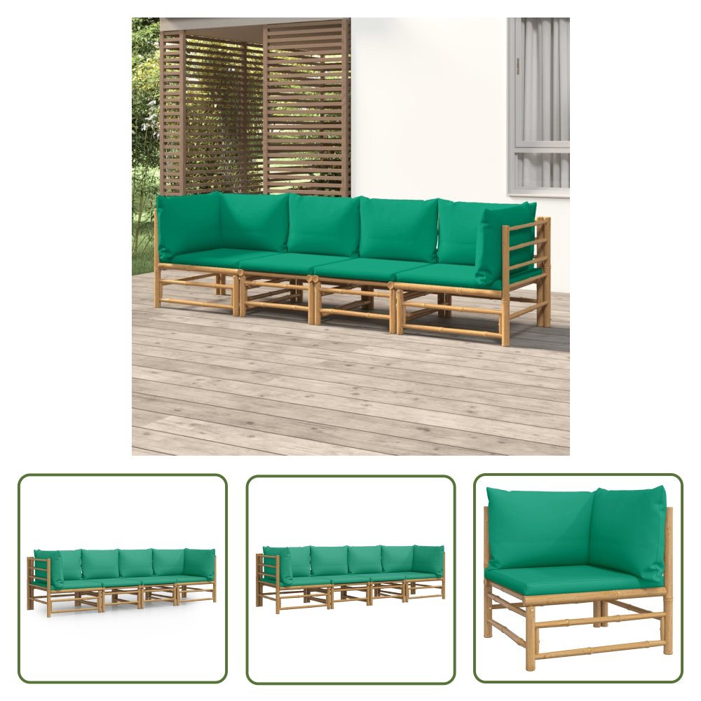 The Living Store 4-cz. zestaw mebli do ogrodu - zielone poduszki - bambusowy - Zestaw Wypoczynkowy Do Ogrodu