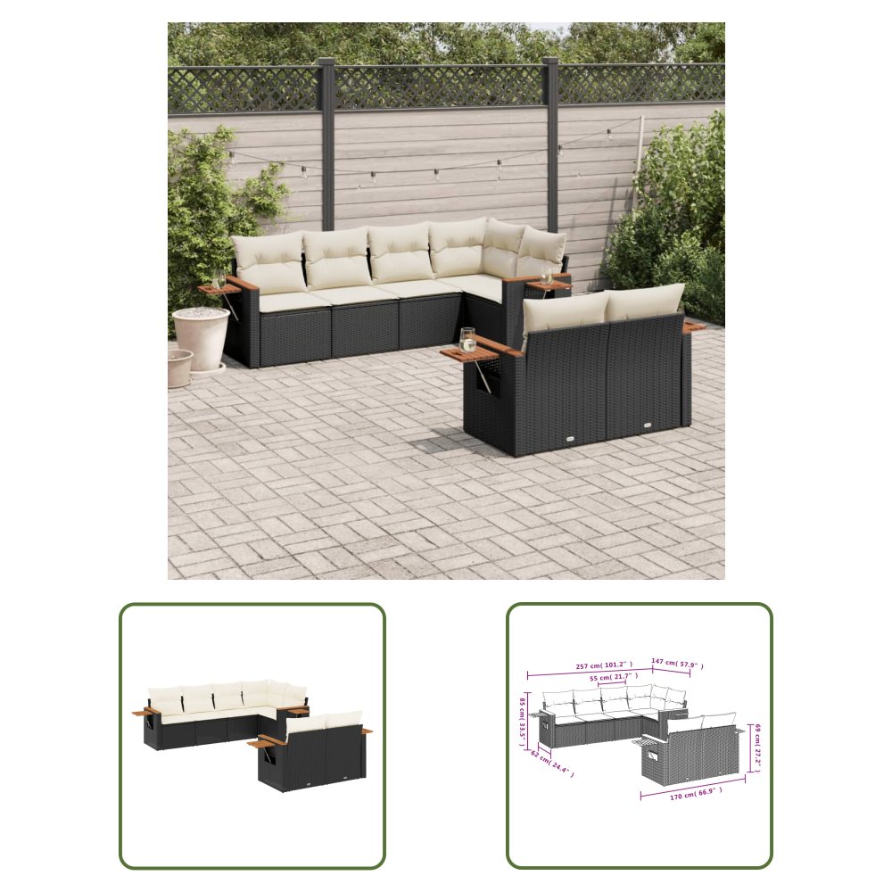 The Living Store 7-cz. zestaw wypoczynkowy do ogrodu - z poduszkami - czarny - Sofa Ogrodowa