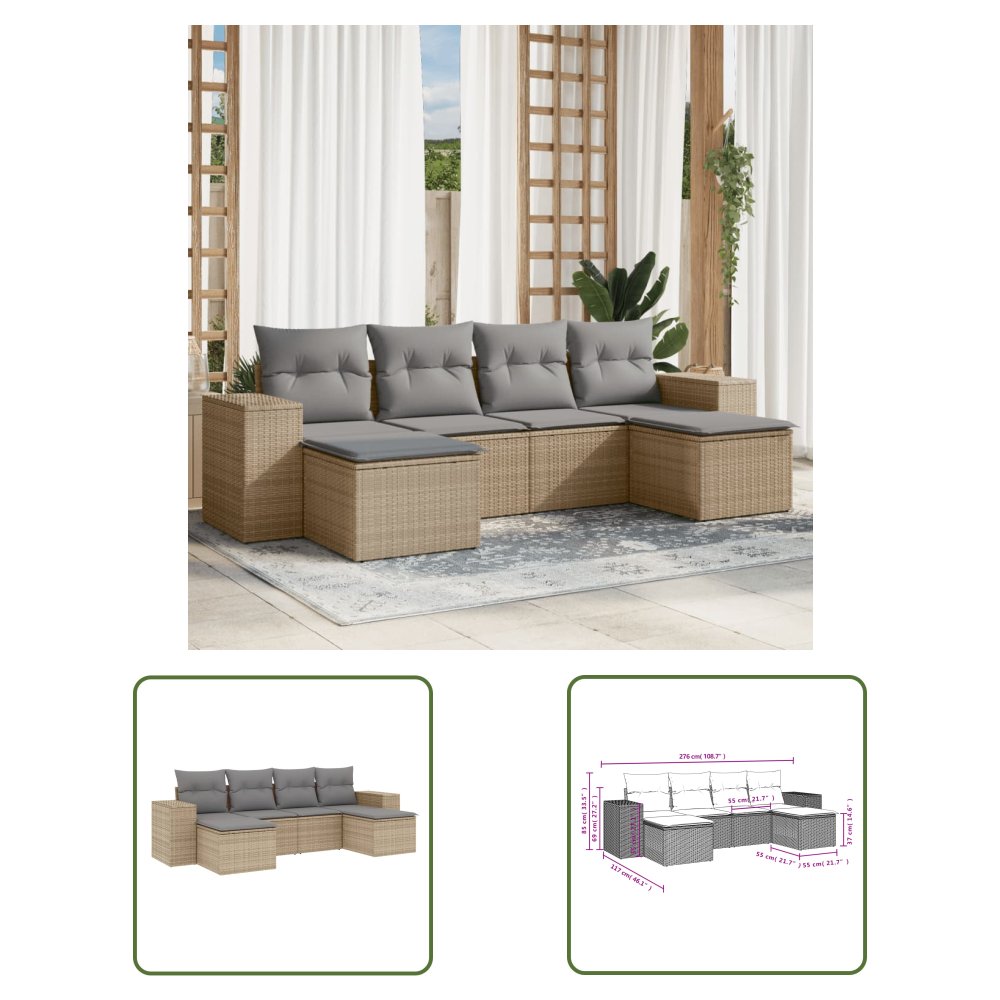 The Living Store 6-cz. zestaw mebli ogrodowych z poduszkami - beżowy - polirattan - Sofa Ogrodowa