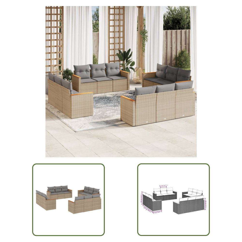 The Living Store 12-cz. zestaw mebli ogrodowych z poduszkami - beżowy - polirattan - Sofa Ogrodowa