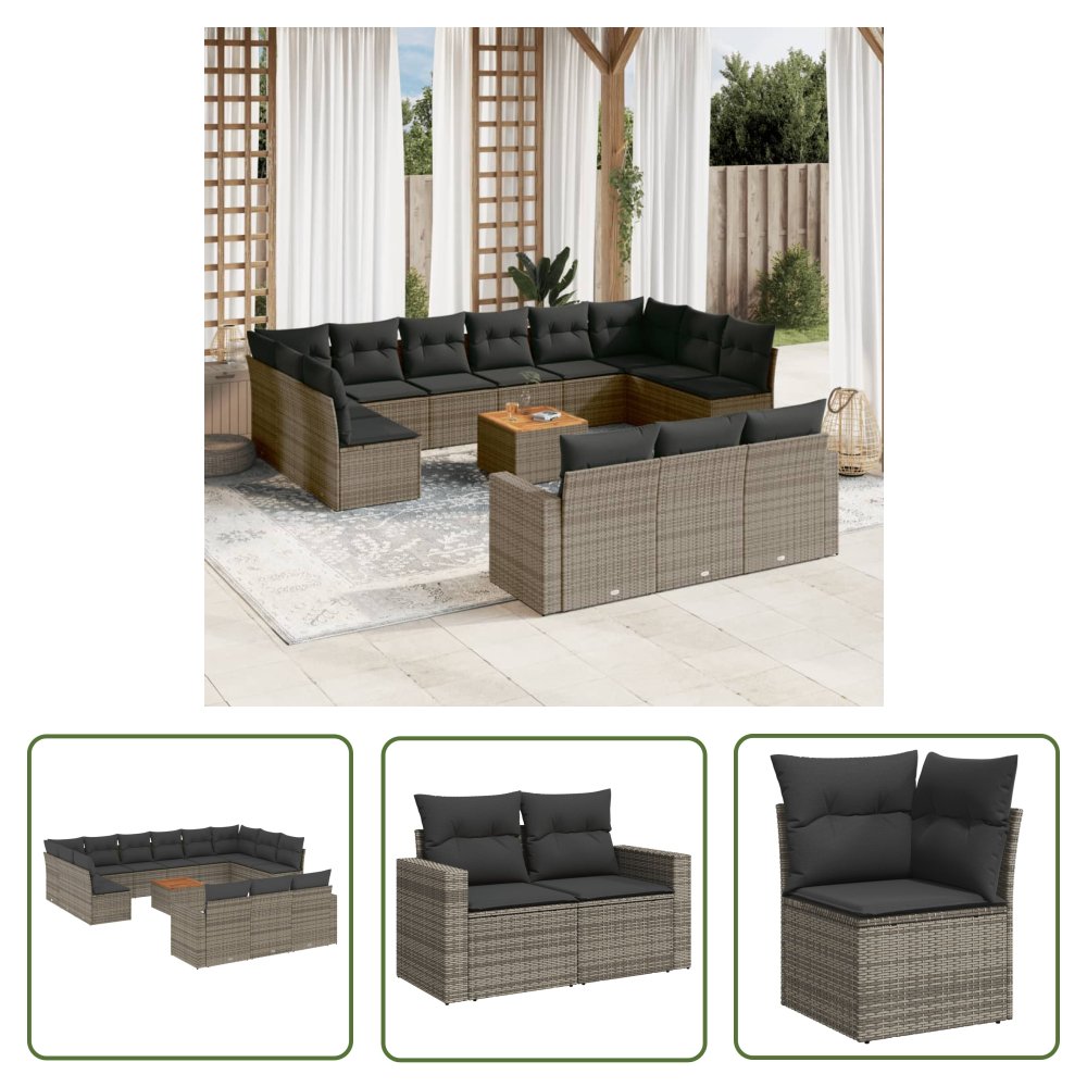 The Living Store 14-cz. zestaw mebli ogrodowych z poduszkami - szary - polirattan - Sofa Ogrodowa