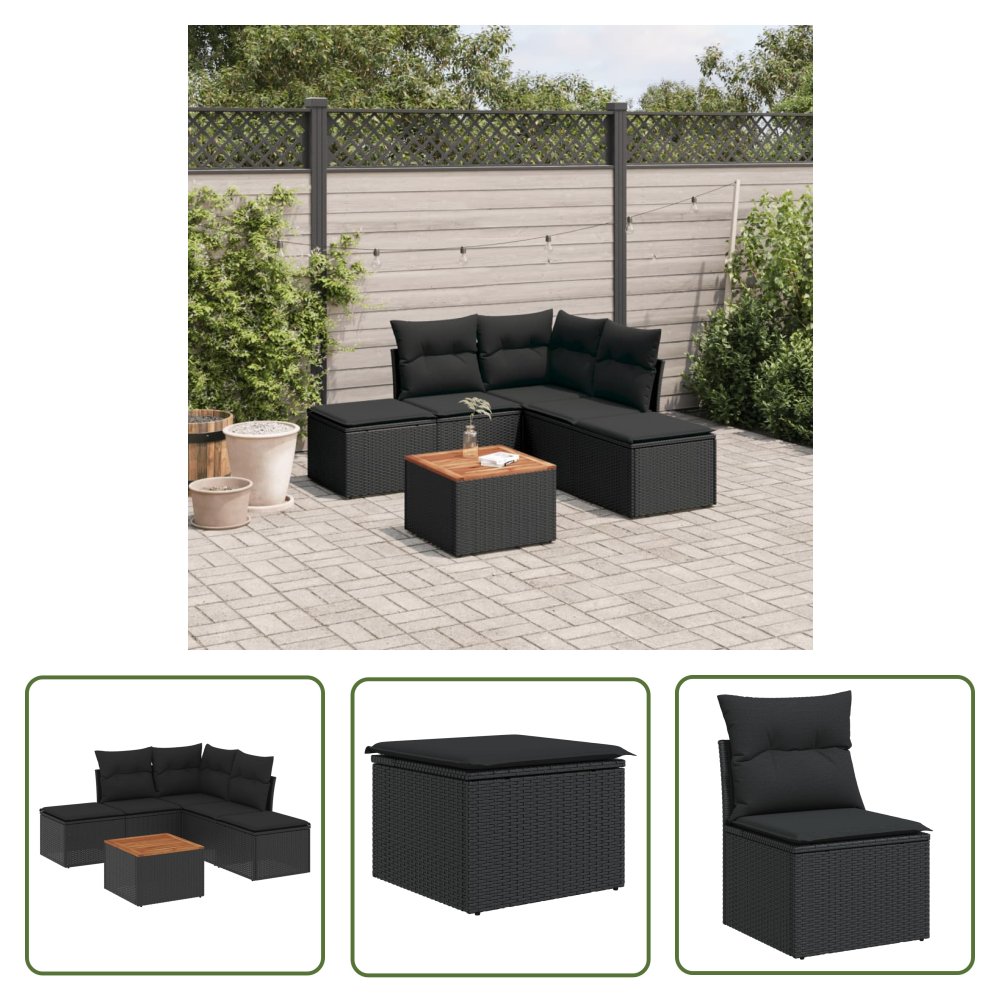 The Living Store 6-cz. zestaw mebli ogrodowych z poduszkami - czarny polirattan - Sofa Ogrodowa