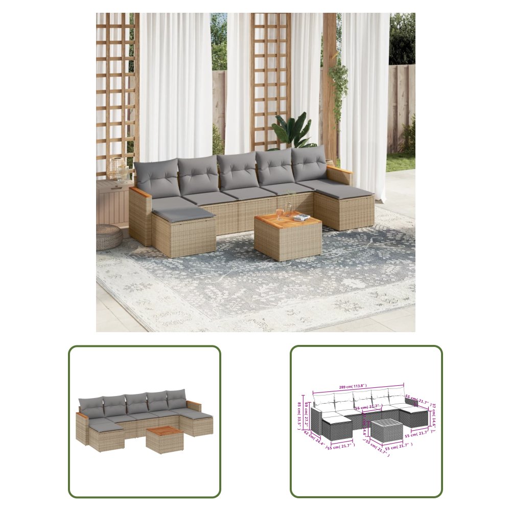The Living Store 8-cz. zestaw mebli ogrodowych z poduszkami - beżowy - polirattan - Sofa Ogrodowa