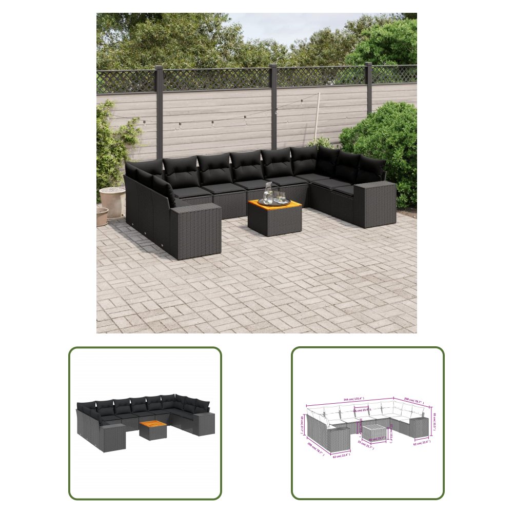 The Living Store 11-cz. zestaw wypoczynkowy do ogrodu - poduszki czarny rattan PE - Sofa Ogrodowa