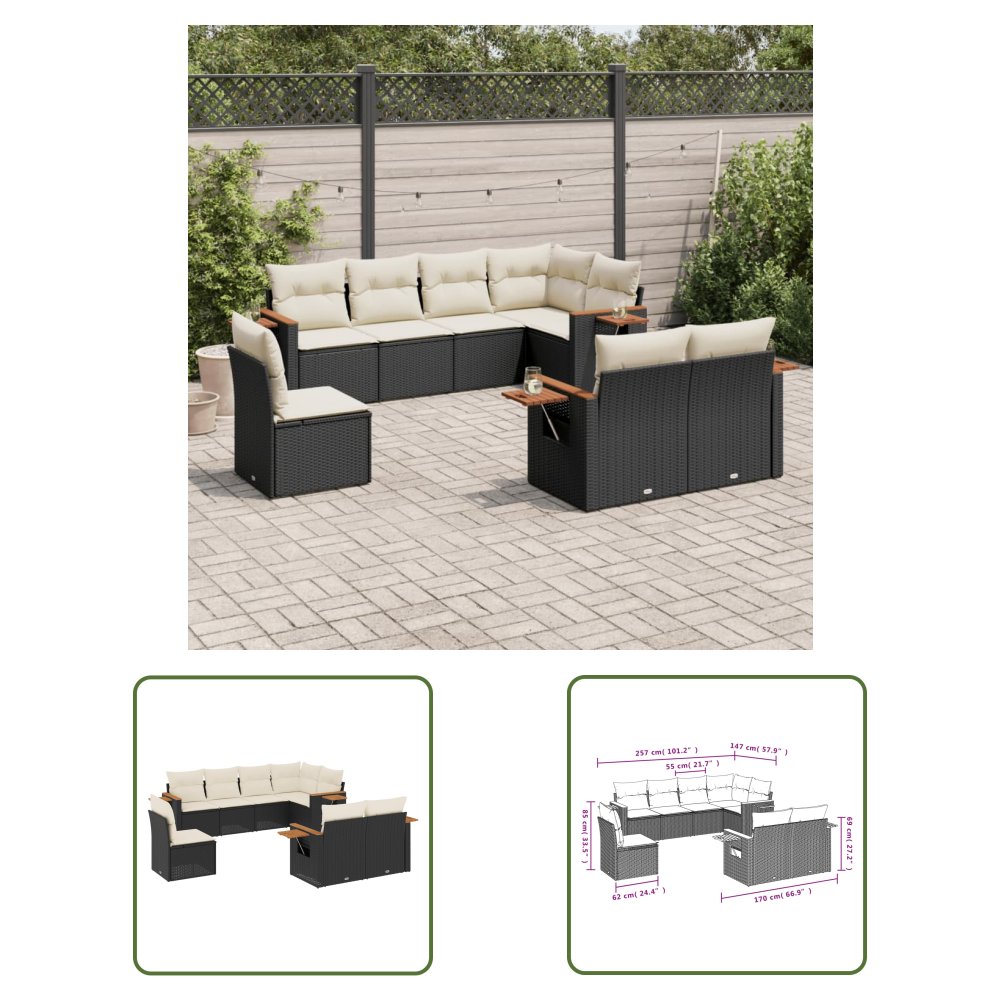 The Living Store 8-cz. zestaw wypoczynkowy do ogrodu - z poduszkami - czarny - Sofa Ogrodowa