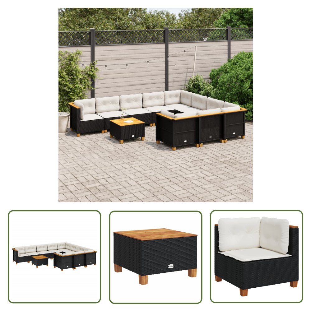 The Living Store 11-cz. zestaw wypoczynkowy do ogrodu - poduszki czarny rattan PE - Sofa Ogrodowa
