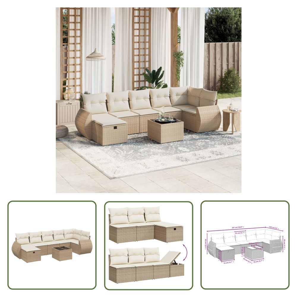 The Living Store 8-cz. zestaw mebli ogrodowych z poduszkami - beżowy - polirattan - Sofa Ogrodowa