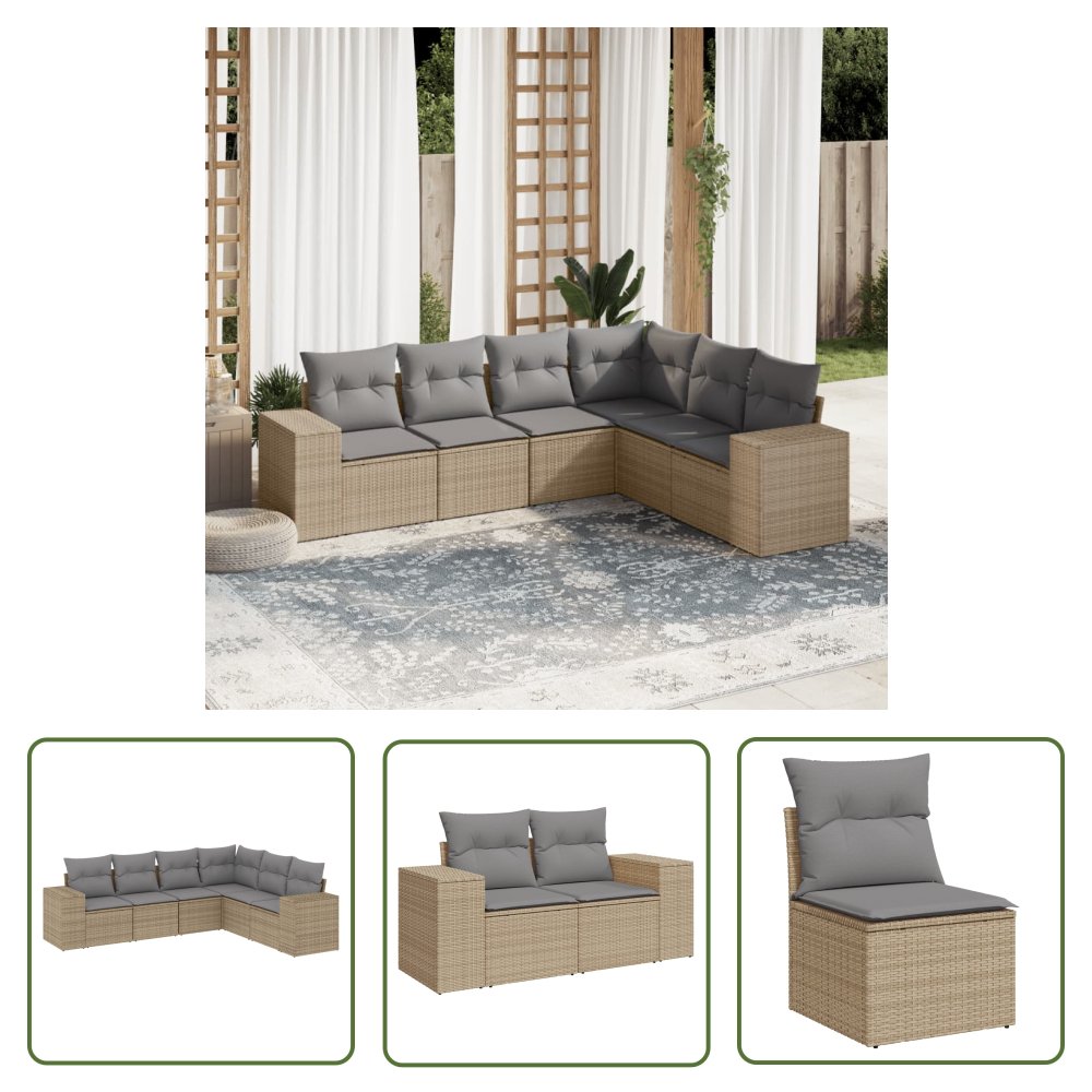 The Living Store 6-cz. zestaw mebli ogrodowych z poduszkami - beżowy - polirattan - Sofa Ogrodowa