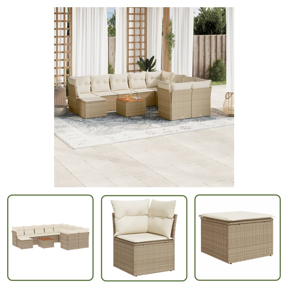 The Living Store 11-cz. zestaw mebli ogrodowych z poduszkami - beżowy - polirattan - Sofa Ogrodowa