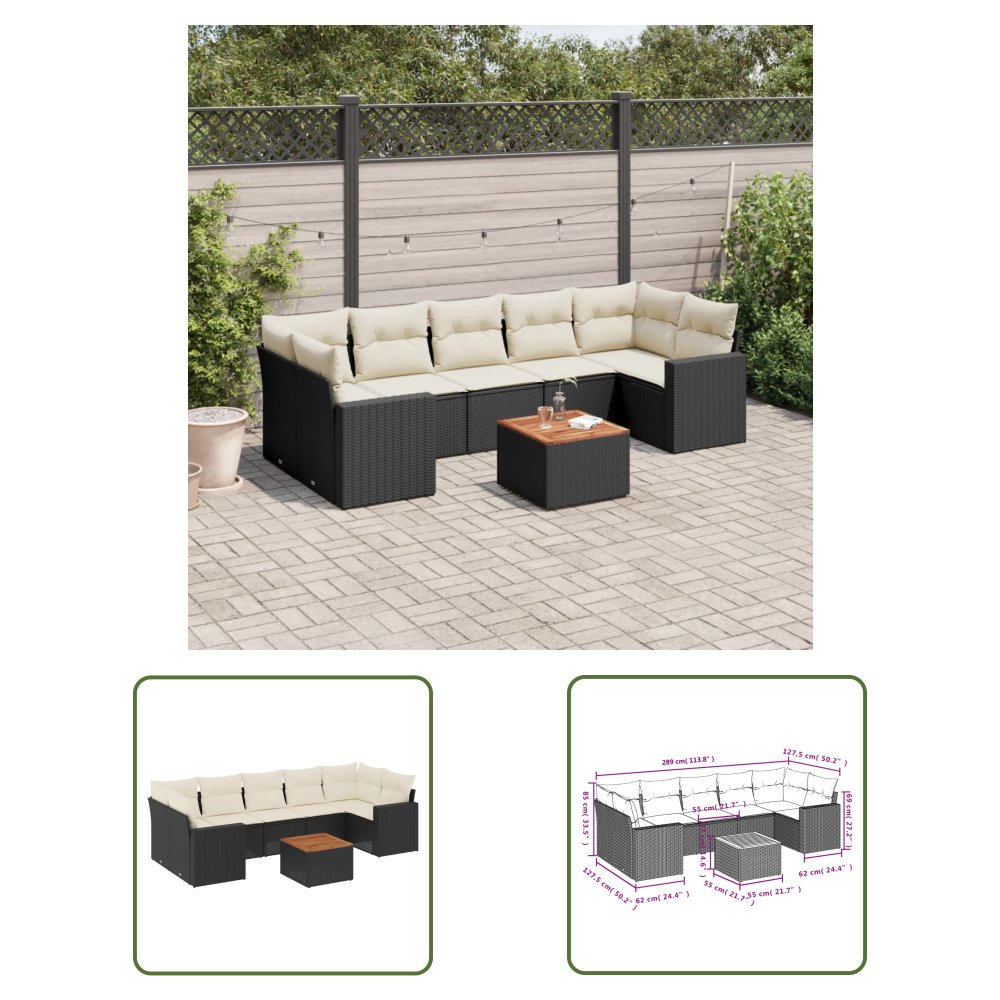 The Living Store 8-cz. zestaw wypoczynkowy do ogrodu - z poduszkami - czarny - Sofa Ogrodowa