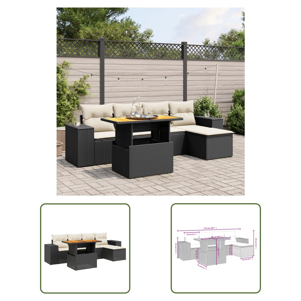 The Living Store 6-cz. zestaw mebli ogrodowych z poduszkami - czarny polirattan - Sofa Ogrodowa