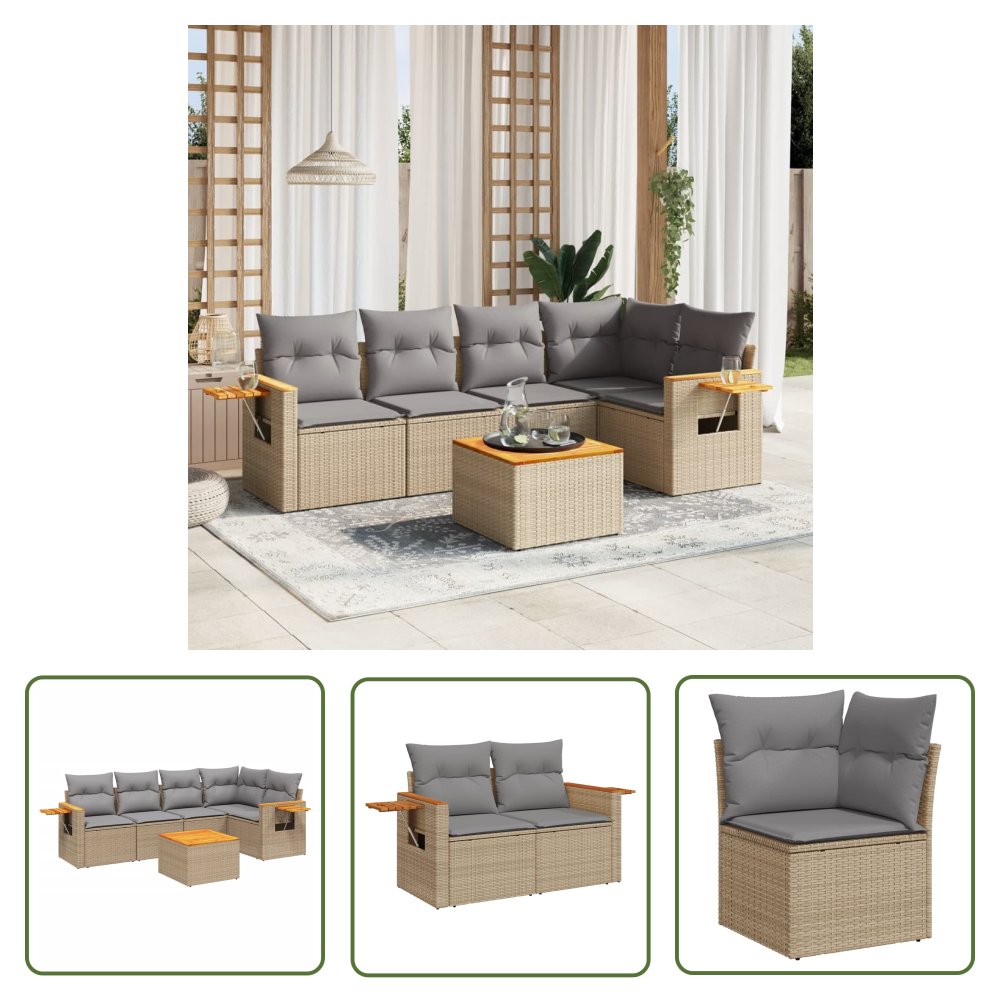 The Living Store 6-cz. zestaw mebli ogrodowych z poduszkami - beżowy - polirattan - Sofa Ogrodowa
