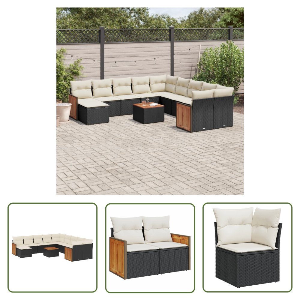 The Living Store 12-cz. zestaw mebli do ogrodu - z poduszkami - czarny - polirattan - Sofa Ogrodowa