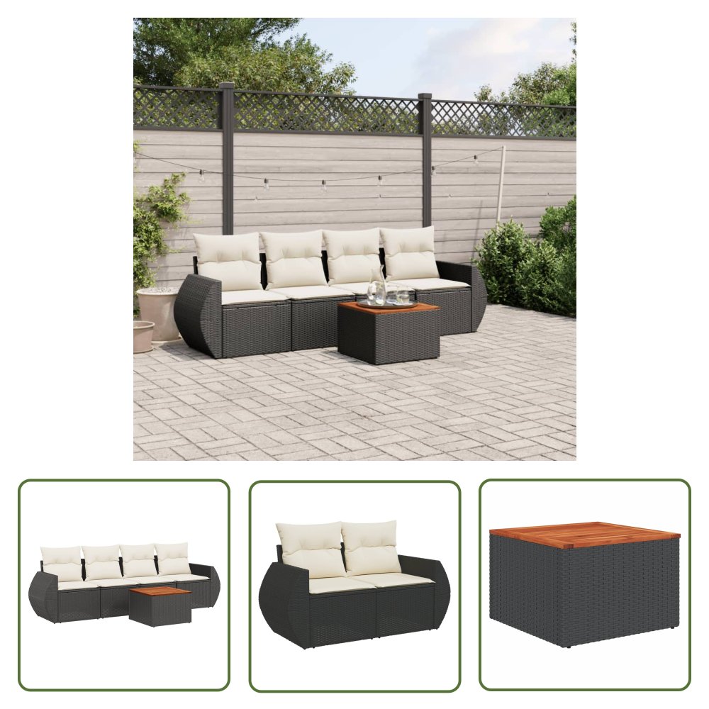 The Living Store 5-cz. zestaw wypoczynkowy do ogrodu - poduszki - czarny rattan PE - Sofa Ogrodowa
