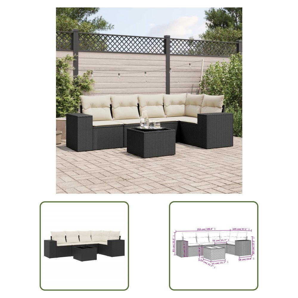 The Living Store 6-cz. zestaw mebli ogrodowych z poduszkami - czarny polirattan - Sofa Ogrodowa