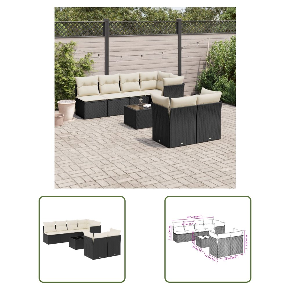 The Living Store 8-cz. zestaw wypoczynkowy do ogrodu - z poduszkami - czarny - Sofa Ogrodowa