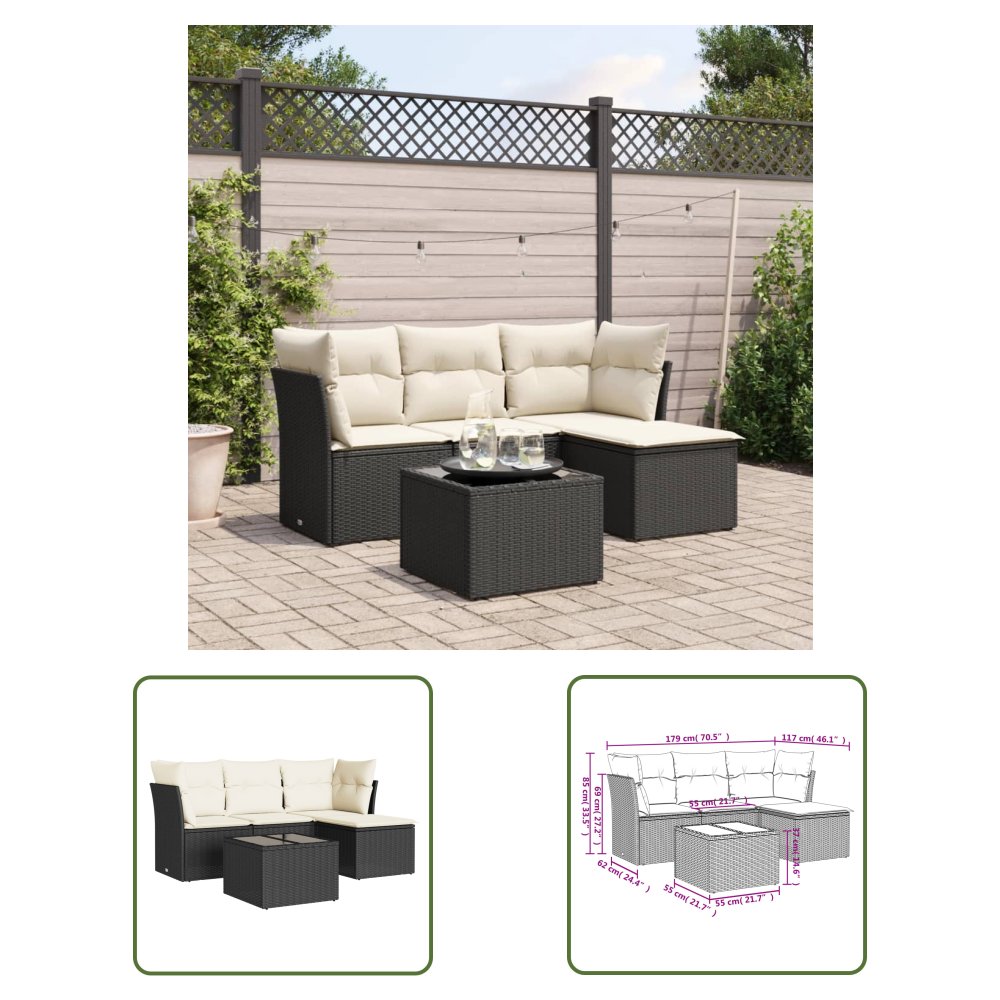 The Living Store 5-cz. zestaw wypoczynkowy do ogrodu - poduszki - czarny rattan PE - Sofa Ogrodowa