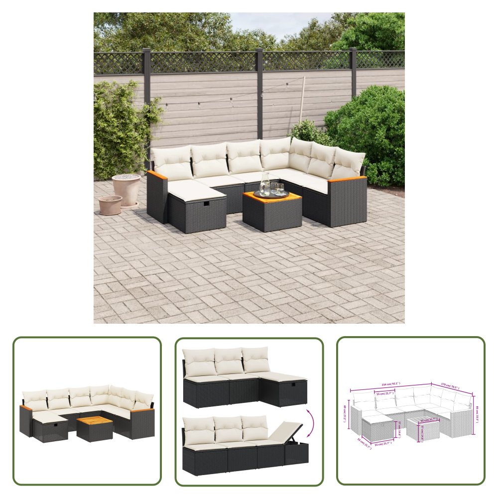 The Living Store 8-cz. zestaw wypoczynkowy do ogrodu - z poduszkami - czarny - Sofa Ogrodowa