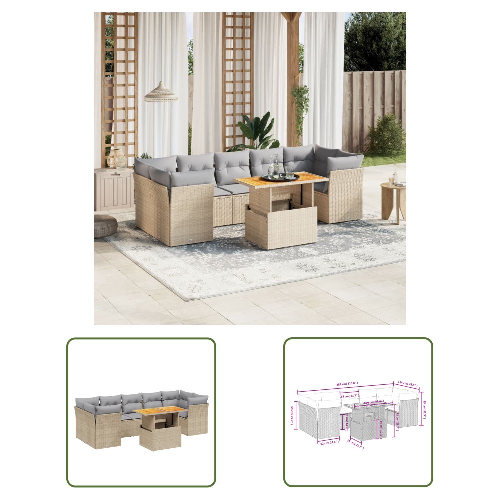 The Living Store 8-cz. zestaw mebli ogrodowych z poduszkami - beżowy - polirattan - Sofa Ogrodowa