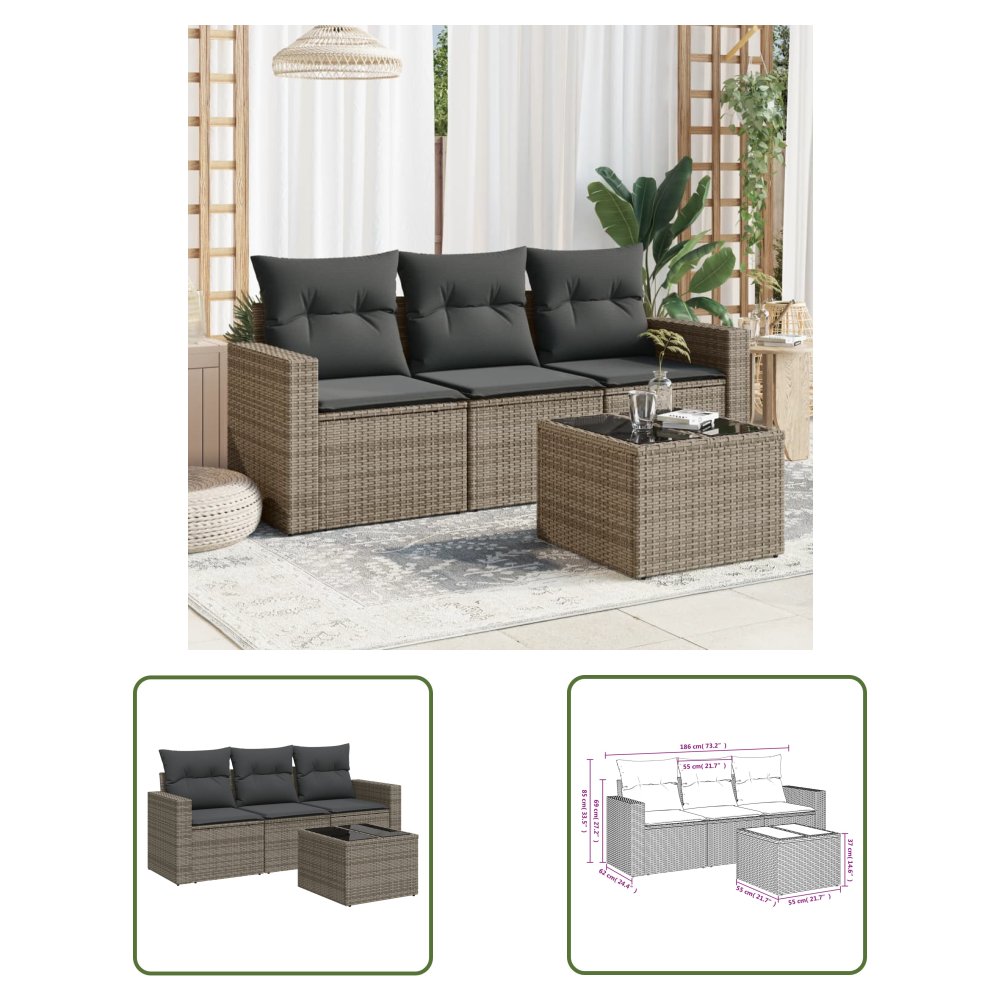 The Living Store 4-cz. zestaw wypoczynkowy do ogrodu - poduszki - szary - rattan PE - Sofa Ogrodowa
