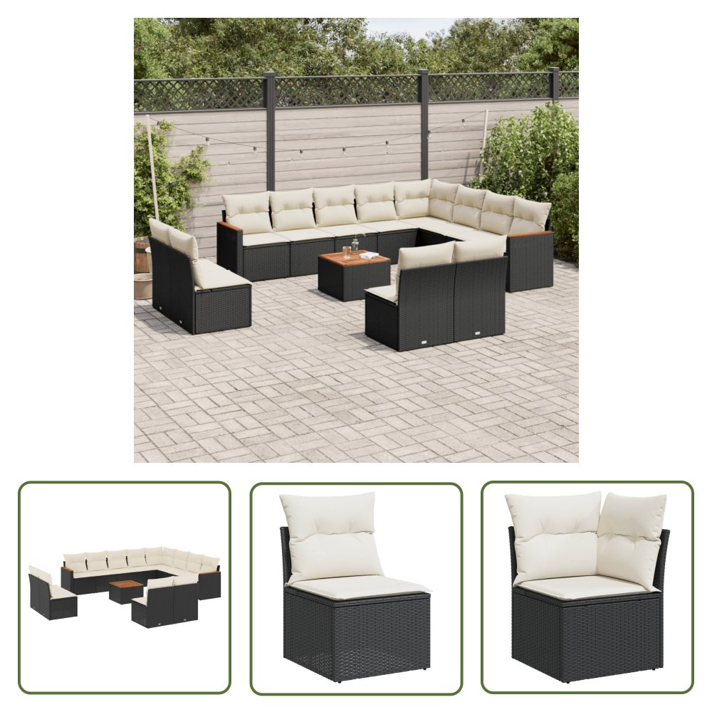The Living Store 13-cz. zestaw mebli do ogrodu - poduszki - czarny - rattan PE - Sofa Ogrodowa