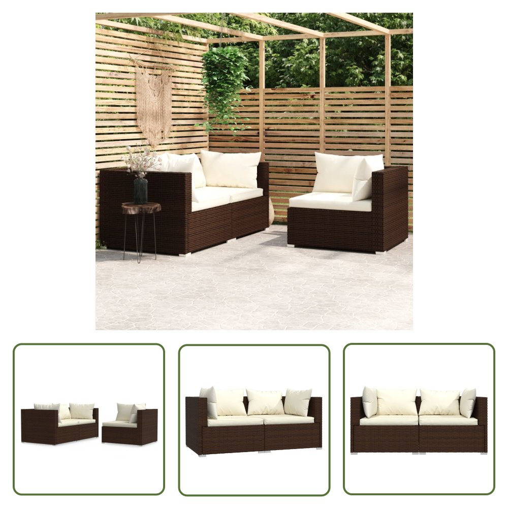 The Living Store 3-cz. zestaw wypoczynkowy do ogrodu - poduszki - rattan PE - brąz - Meble Ogrodowe