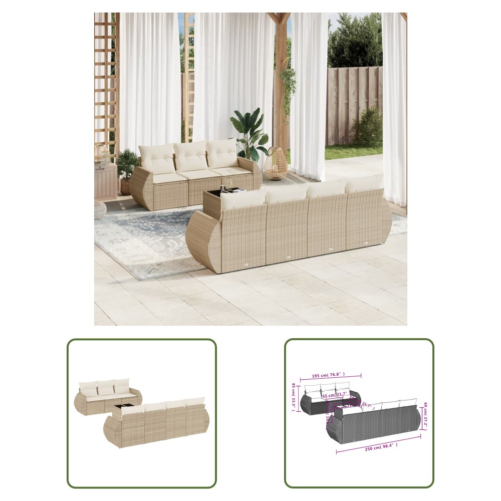 The Living Store 8-cz. zestaw mebli ogrodowych z poduszkami - beżowy - polirattan - Sofa Ogrodowa