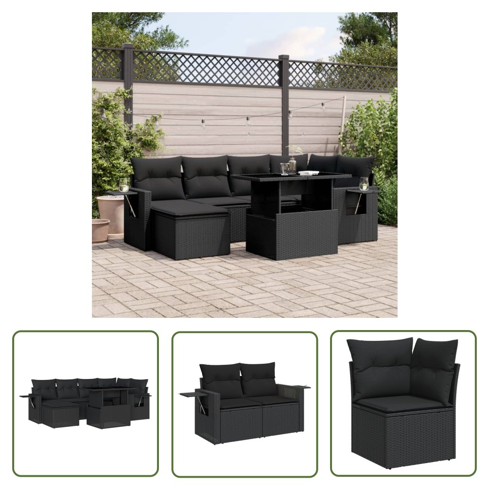 The Living Store 7-cz. zestaw wypoczynkowy do ogrodu - z poduszkami - czarny - Sofa Ogrodowa