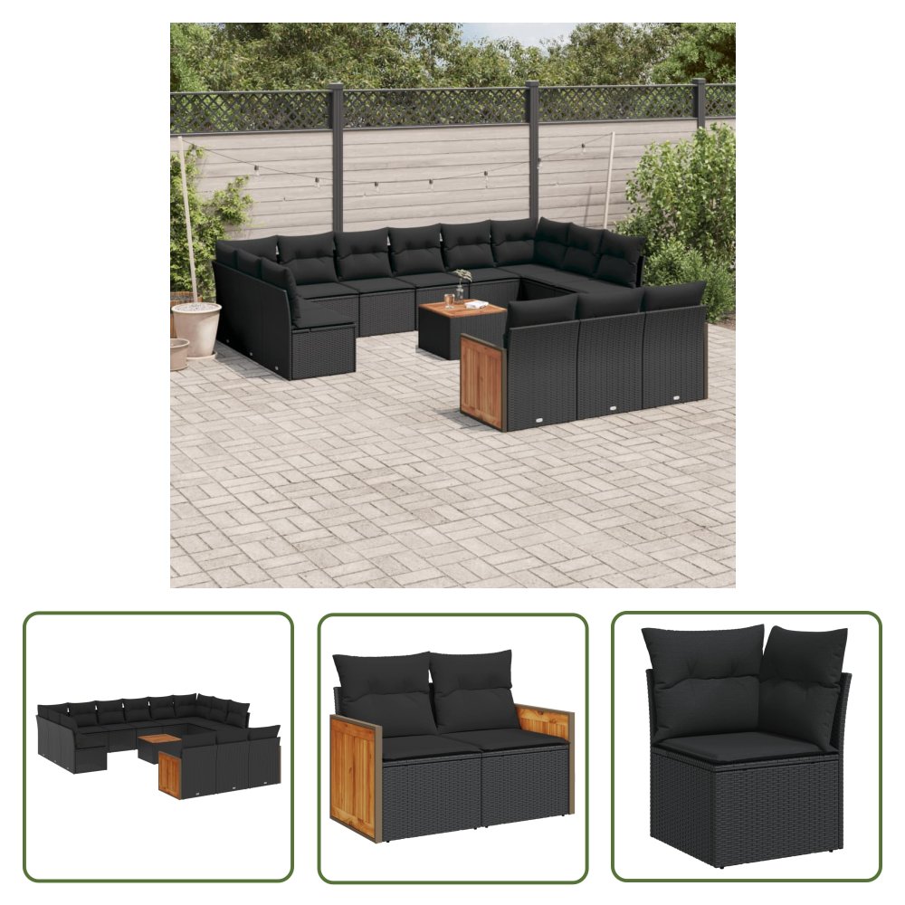 The Living Store 14-cz. zestaw wypoczynkowy do ogrodu - poduszki czarny rattan PE - Sofa Ogrodowa