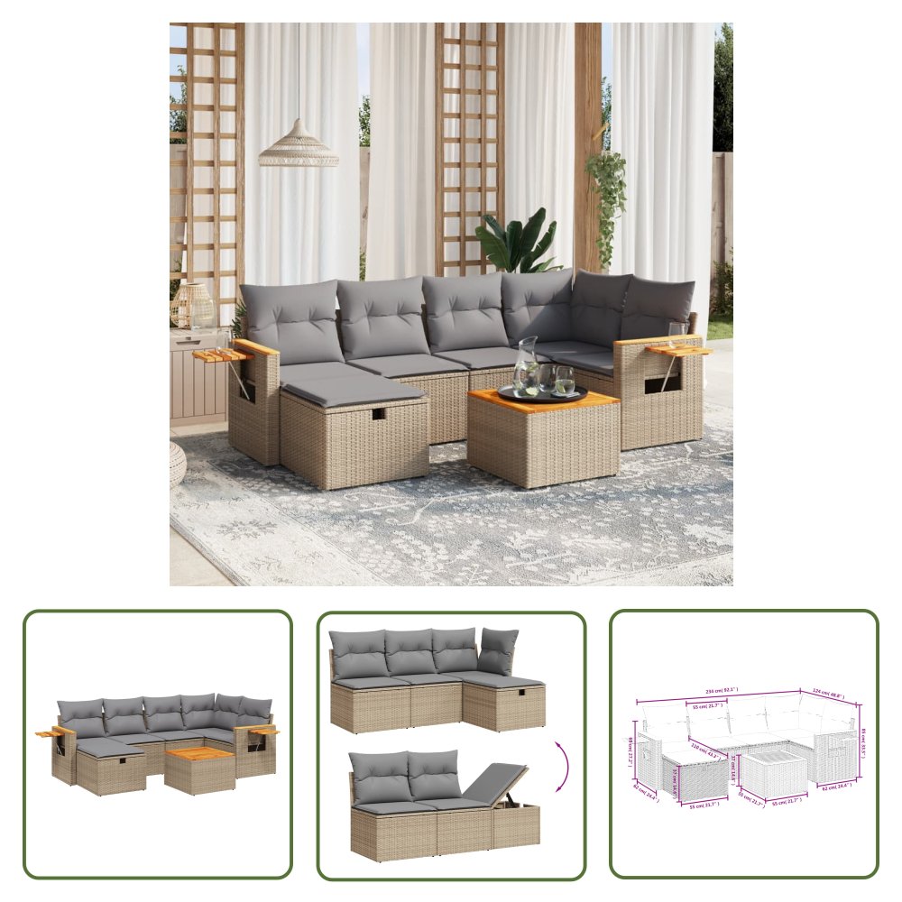 The Living Store 7-cz. zestaw mebli ogrodowych z poduszkami - mieszany beż - Sofa Ogrodowa