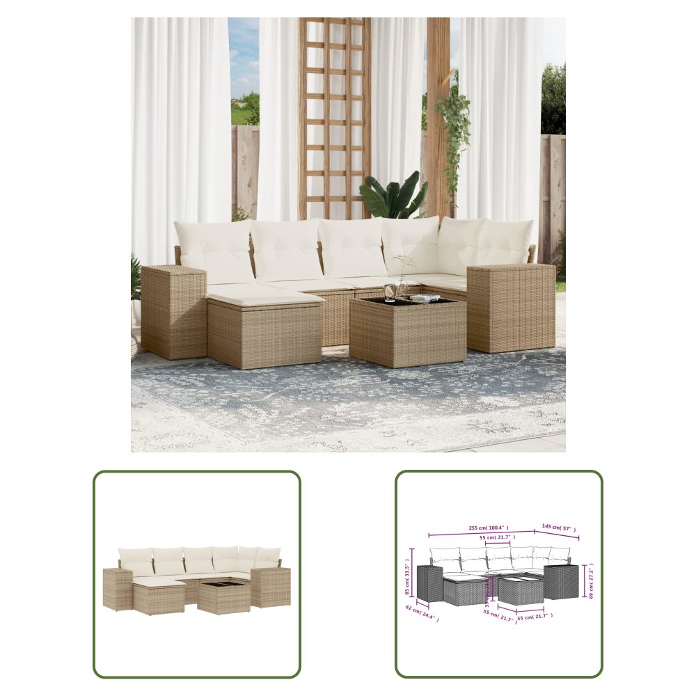The Living Store 7-cz. zestaw wypoczynkowy do ogrodu - z poduszkami - beżowy - Sofa Ogrodowa